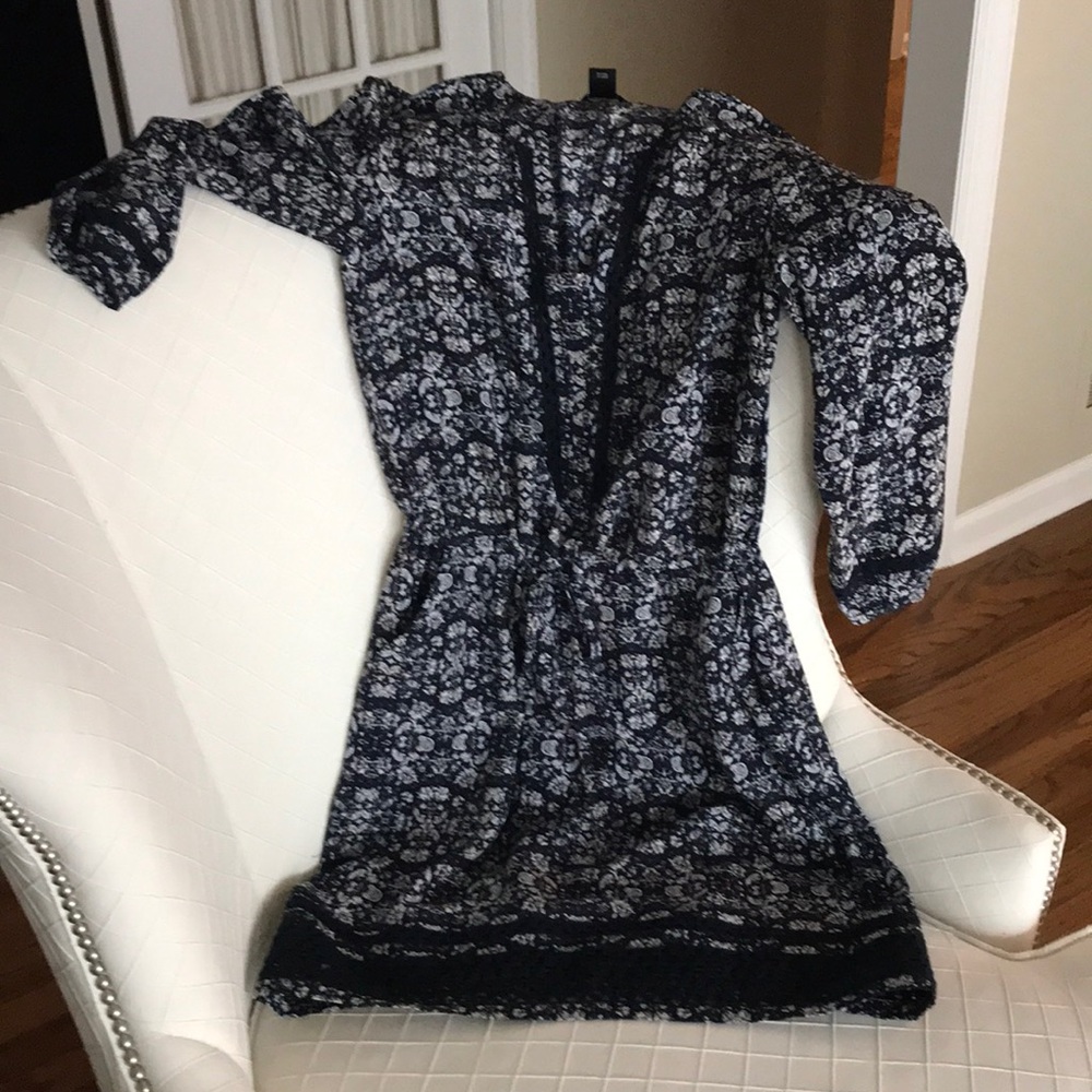 Navy and white floral print silk dress